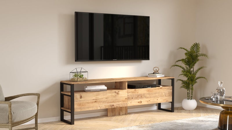 Home Canvas Royal TV Unit – Pine Wood Finish | Modern TV Stand with Metal Legs | Upto 75 inch TV - Image 3